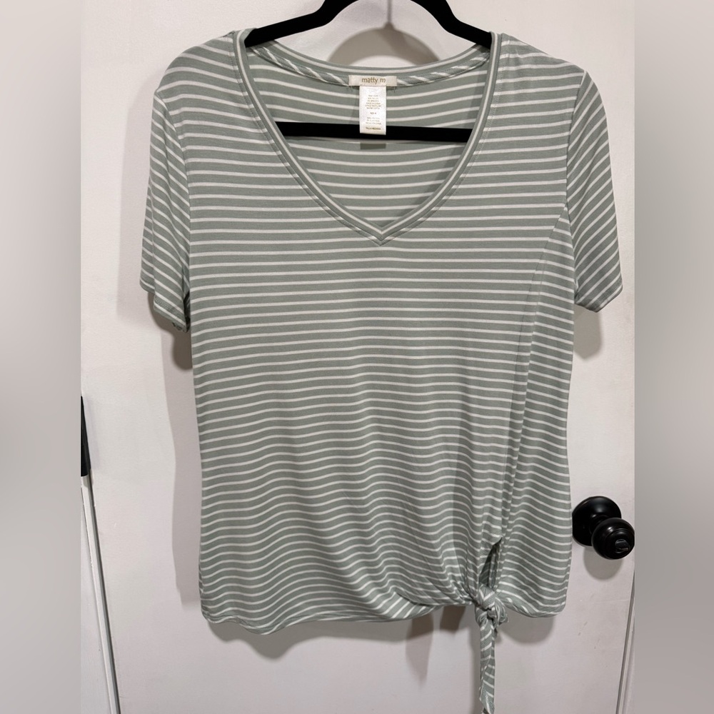 Matty M mint green Striped V-Neck Tie-Front Tee-#1474